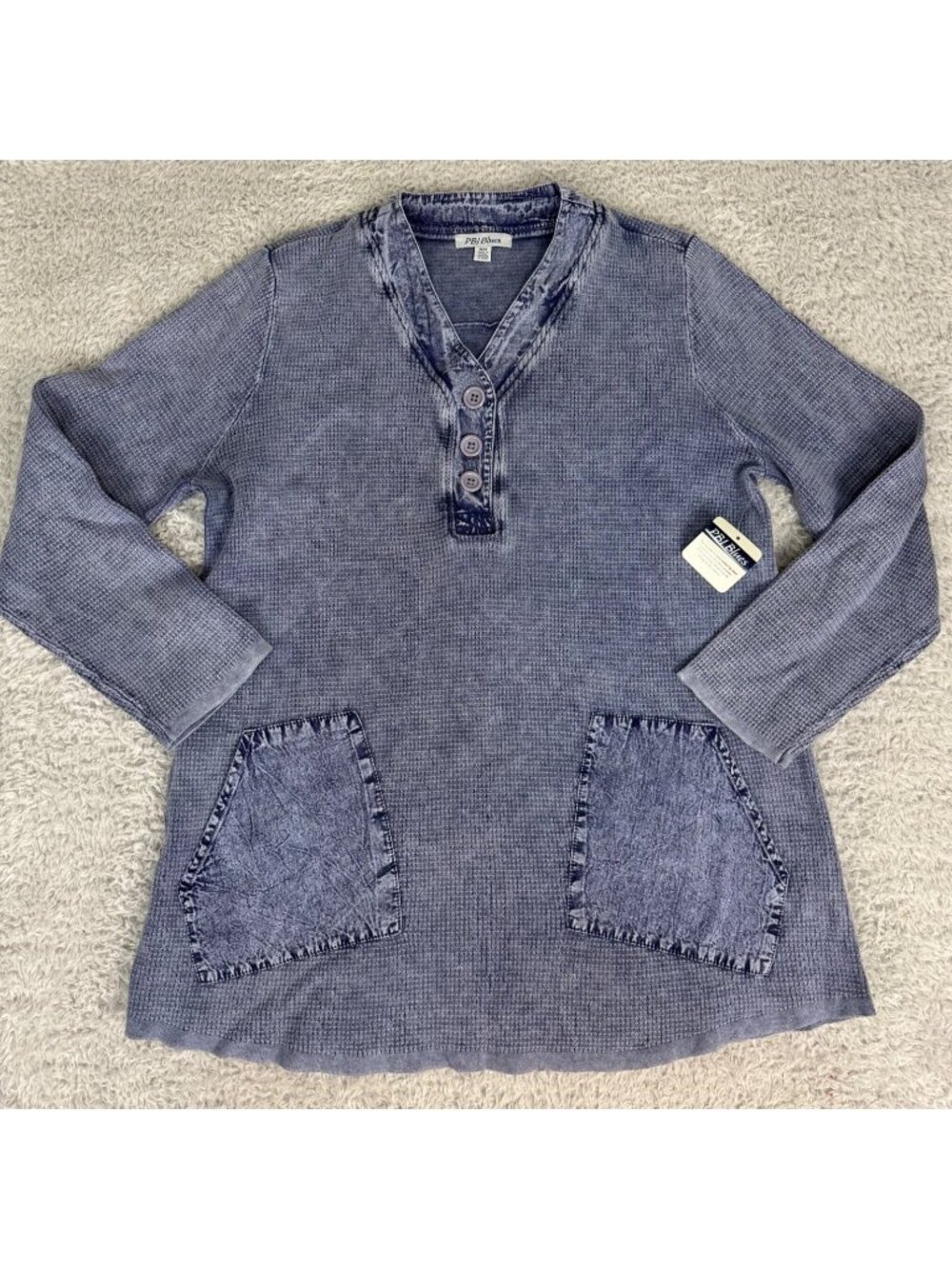 PBJ Blues Womens Indigo Tunic Shirt M/M Y2K Cottage Waffle Knit Stretch Comfort - Picture 2 of 16